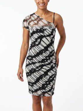 DKNY One-Shoulder Printed Sheath Dress in Taupe and Black NWT